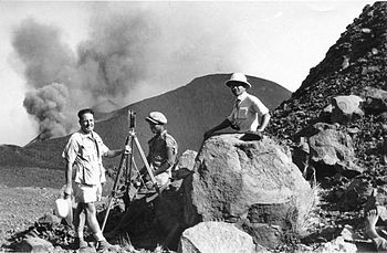 Orlando Ribeiro (left) at Pico do Fogo on the island of Fogo during the 1951 eruption which he visited