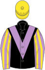 Black, mauve chevron, mauve and yellow striped sleeves, yellow cap