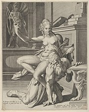 Phyllis and Aristotle, Jan Sadeler after Bartholomeus Spranger, engraving, 16th century