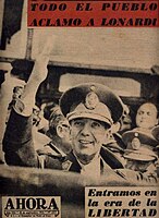 The new leader, General Eduardo Lonardi, waves in a 1955 newsmagazine cover. His gradualist approach to "de-Perónization" led to his prompt ousting.