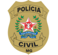 Distintivo da Polícia Civil de MG, com a estrela em vermelho e branco, faixa e laço em azul.