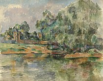 保羅·塞尚的《河堤》（Riverbank），73 × 92.3cm，約作於1889年，來自愛爾莎·梅隆·布魯斯的收藏。[66]