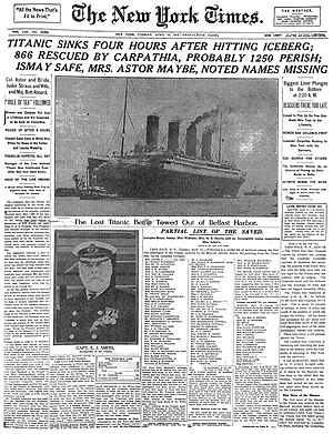 The episode references the front page of The New York Times on April 15, 1912, reporting the sinking of the RMS Titanic.