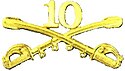 A computer-generated reproduction of the insignia of the Union Army 10th Regiment cavalry branch. The insignia is displayed in gold and consists of two sheafed swords crossing over each other at a 45-degree angle pointing upwards with a Roman numeral 10