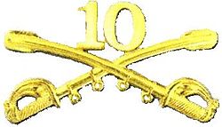 A computer generated reproduction of the insignia of the Army 10th Cavalry Regiment. The insignia is displayed in gold and consists of two sheafed swords crossing over each other at a 45 degree angle pointing upwards with a Roman numeral 10