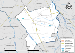 Carte en couleur présentant le réseau hydrographique de la commune