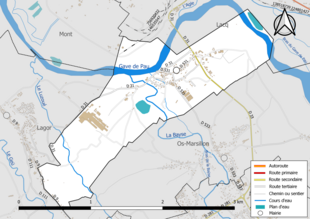 Carte en couleur présentant le réseau hydrographique de la commune