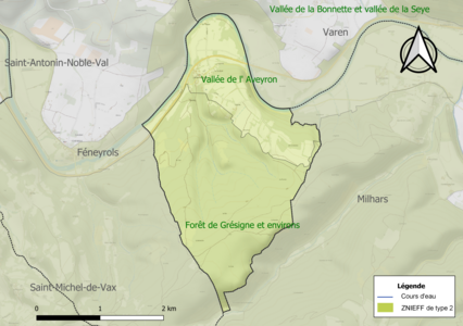 Carte des ZNIEFF de type 2 sur la commune.