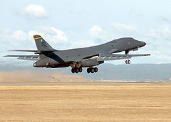 A Rockwell B-1B Lancer taking off from Ellsworth AFB