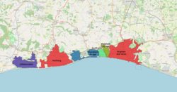 Map of the Brighton and Hove Built-up Area with labelled subdivisions