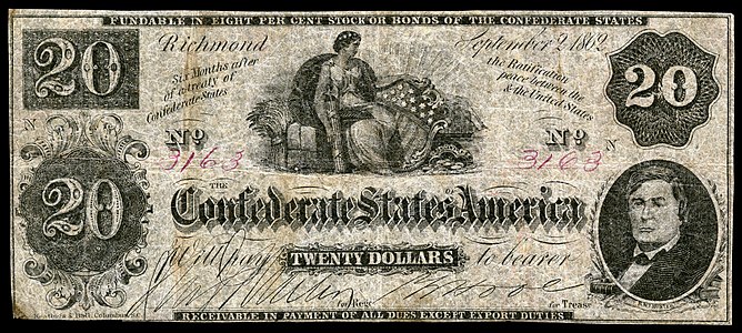 Twenty Confederate States dollar (T47), by the Confederate States Department of the Treasury