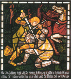 The Fight between Tristram and Sir Marhaus from the Tristam and Isoude series, designed Dante Gabriel Rossetti (1862)