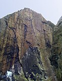 Rhapsody follows the thin diagonal crack in the middle of the northwest face of Dumbarton Rock