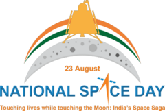 Logo of the first National Space Day, showcasing a stylised Vikram lander on a curved moon, with theindian tricolour in the background