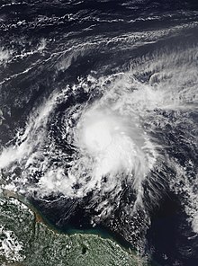 Visible satellite imagery of a strong tropical storm east of the Lesser Antilles on September 26.