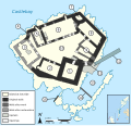 Floor plan of Kisimul Castle, Scotland, United Kingdom. 1 Keep 2 Kitchen 3 Tanist House 4 Postern 5 Marion of the Head's Addition 6 Great Hall 7 Watchtower 8 Chapel 9 Gockman's House 10 Courtyard 11 Gate 12 Slipway 13 Creek 14 Breakwater wall 15 Crew's house