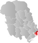 Mapa do condado de Telemark com Porsgrunn em destaque.