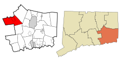 Colchester's location within New London County and Connecticut