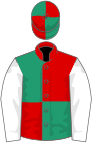 Red and emerald green (quartered), white sleeves, emerald green and red quartered cap