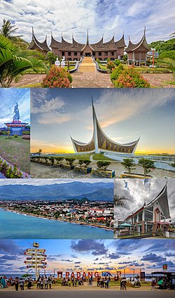 From top, left to right: Adityawarman Museum/West Sumatra's traditional house (with iconic Minangkabau architecture), Padang Area Monument, Grand Mosque of West Sumatra, Aerial view of Padang city, Fadli Zon Cultural Center, and sunset at Padang Beach.