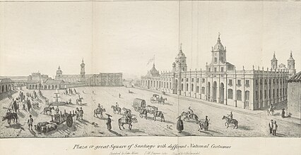 [Colonial] Plaza o great Square of Santiago with different local costumes, in 1826, by John Miers. British Library.[12][13]