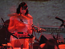 Rachel Blumberg playing drums for Bright Eyes