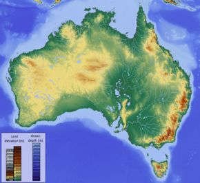Map showing the topography of Australia, showing some elevation in the west and very high elevation in mountains in the south-east