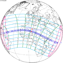 A map of earth showing the path of totality of the June 30, 1973 solar eclipse as it crosses Africa