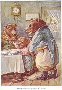 The image shows three bears standing in a house