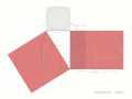 黄金数 φ について、φ(φ − 1) = 1 を、面積で表した図。縦横の長さが 1, φ の黄金長方形（青線）において、斜線部分が等積となる。また、赤網目部分は √5φ = 1 + φ2 を表している。