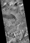 Baltisk crater, as seen by CTX camera on MRO. Dark areas are dunes. Fans are visible in the lower right.