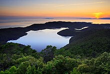 A photograph of a coastline with a sky above that fades from blue at the top through yellow in the middle to orange at the horizon and a dark forest in the foreground