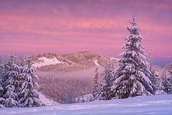 Manhã de inverno na cordilheira Gorgany, distrito de Nadvirna, sudoeste da região de Ivano-Frankivsk, Ucrânia. Gorgany é uma reserva natural nos Cárpatos ucranianos. A área é de 5 344 hectares. Fundada em 1996. Criada para preservar a relíquia do pinheiro-europeu (Pinus cembra). O território da reserva possui uma estrutura geomorfológica, estrutura de vegetação e vida animal típica da região de Gorgan, portanto a reserva é de grande valor para a preservação, reprodução e estudo da biodiversidade da região e dos Cárpatos ucranianos em geral. Desde 13 de julho de 2017, a área da reserva natural "Gorgany", com uma área de 753,48 hectares, foi incluída no patrimônio mundial da UNESCO como um dos maciços de florestas primárias e antigas de faias dos Cárpatos e de outras regiões da Europa. (definição 6 000 × 4 000)