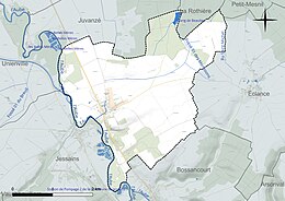 Carte en couleur présentant le réseau hydrographique de la commune