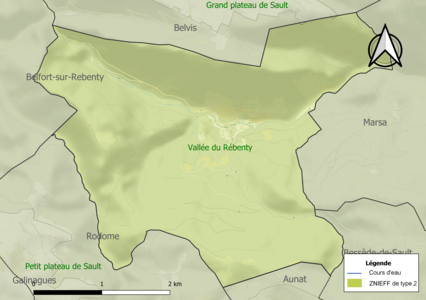 Carte de la ZNIEFF de type 2 sur la commune.