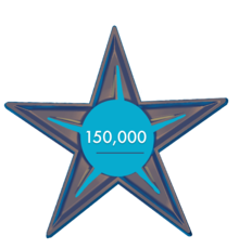 A star with the text "150,000"