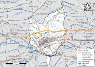 Carte en couleur présentant le réseau hydrographique de la commune