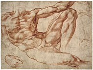 米开朗基罗 – 斜躺着的裸体男人的研究: 画中男子为西斯廷礼拜堂壁画创世纪中的亚当, 1511年