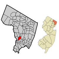 Location of Lodi in Bergen County highlighted in red (left). Inset map: Location of Bergen County in New Jersey highlighted in orange (right).