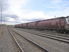 Des wagons-silos de forme cylindrique (wagon-citerne) sur les chemins de fer canadiens.