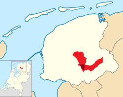 Highlighted position of Heerenveen in a map of Friesland