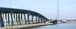 Ponquogue Bridge over Shinnecock Inlet (new span on left) looking toward the Coast Guard station.