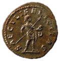 A Roman coin showing an antoninianus of Carinus holding pilum and globe