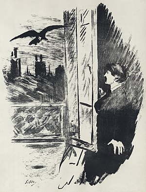 Illustration by Édouard Manet for a French translation by Stéphane Mallarmé of Edgar Allan Poe's "The Raven". Part 2 of 4 full page plates.