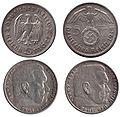 5 Reichsmaraka u kovanicama, prije (1936.) i nakon dodavanja svastike (1938.)
