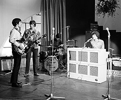 The Spencer Davis Group rehearsing before a performance in Amsterdam in 1966. L-R: Muff Winwood, Spencer Davis, Pete York, and Steve Winwood