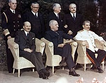 This is Clement Attlee, Prime Minister of the United Kingdom, Harry Truman, President of the United States, and Joseph Stalin, leader of the Soviet Union, sitting together at the Potsdam Conference.