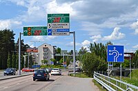 A Finnish road signs detailing directions at Vaajakoski's roundabout in Jyväskylä, Finland.