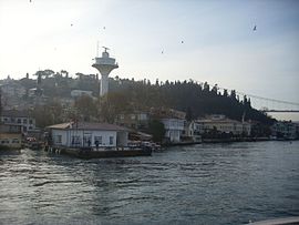 A view of Kanlıca with the Bosphorus ferry pier and Fatih Sultan Mehmet Bridge at right