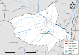 Carte en couleur présentant le réseau hydrographique de la commune